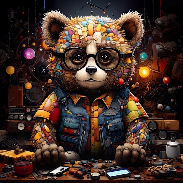 Illustration is made of the cartoon bear wearing glasses in the style of highly detailed foliage intense color fields highly realistic colorful costumes joyful celebration of nature AI generative