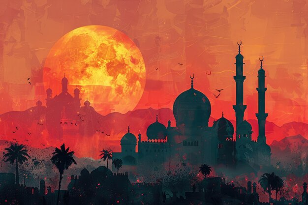 Foto illustrazione della moschea islamica di eid mubarak con cielo rosso al tramonto, luna e nuvole