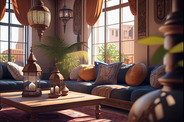 Illustration of Islamic style living room interior design with window arch