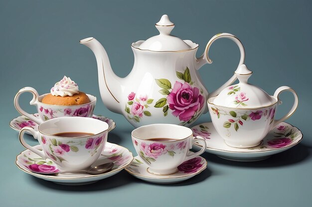 Photo illustration of isolated coffee set or tea set and cup cake