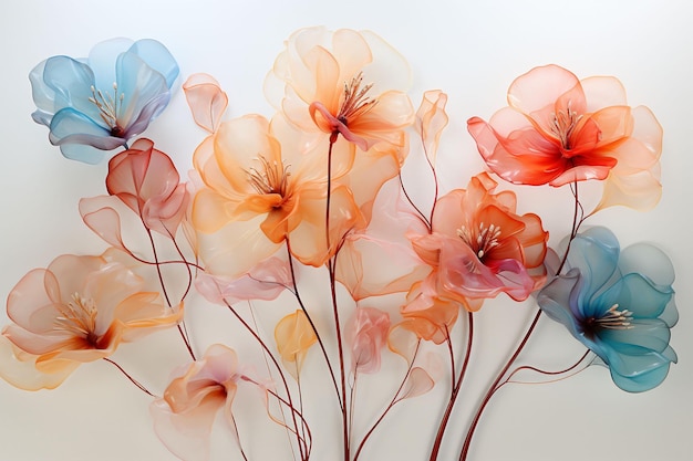 An illustration of isolated poppies in orange and red blue flowers on a white background Used for floral and summery themes