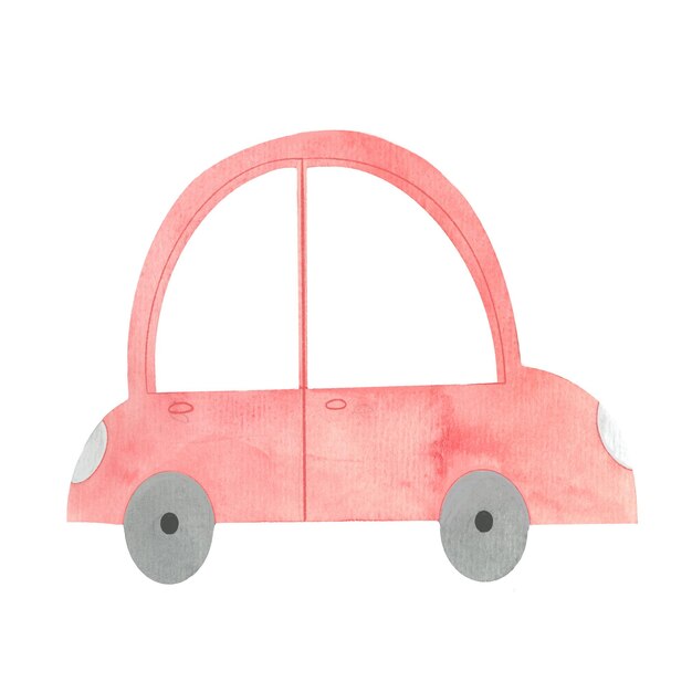 Illustration isolated of a red car painted in watercolor a stylized children's picture of a car