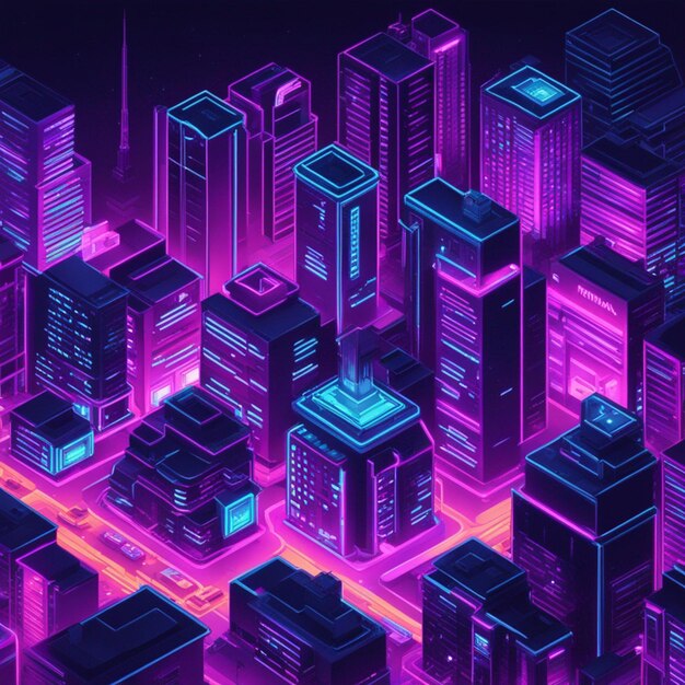 Illustration of isometric capital city buildings in neon colors wallpaper