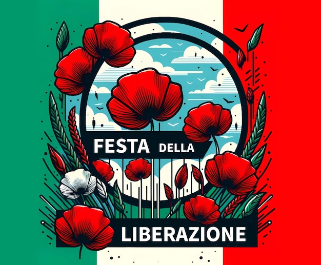 Foto illustrazione per la giornata della liberazione italiana con papaveri rossi e bandiera italiana