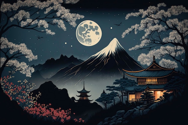 Photo illustration japan landscape at night ai generative