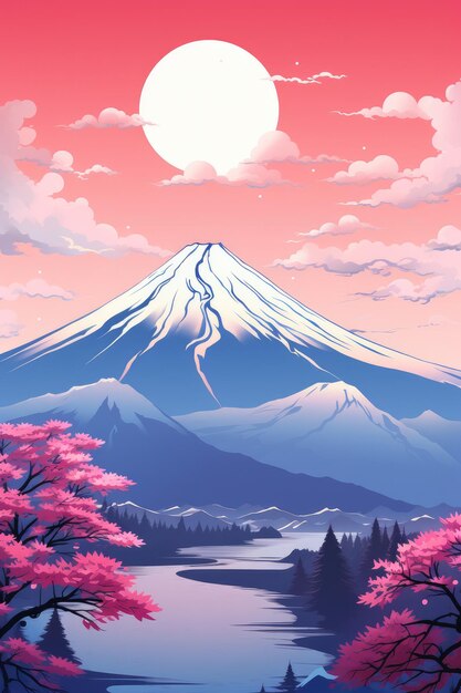 日本の寺院やアジアのパゴダと 富士山を背景に描いたイラスト