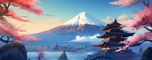 Иллюстрация японский храм или азиатская пагода и горы Фудзи на заднем плане