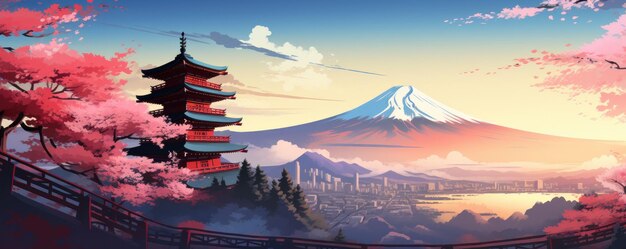 日本の寺院やアジアのパゴダと 富士山を背景に描いたイラスト