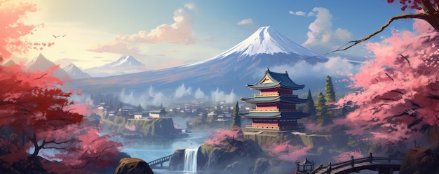 Иллюстрация японский храм или азиатская пагода и горы Фудзи на заднем плане