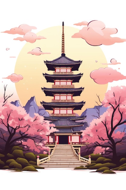 Illustration japan temple or asian pagoda and fuji mountains in the backround Generative ai