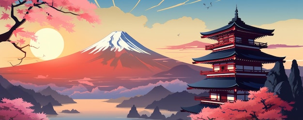 Иллюстрация японский храм или азиатская пагода и горы на заднем плане