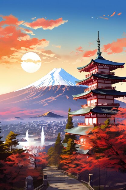 Illustration japan temple or Chureito pagoda and fuji mountains in the backround Generative ai