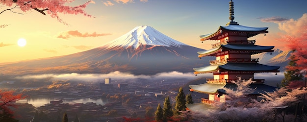 Иллюстрация японского храма или пагоды Chureito и горы Фудзи на заднем плане Generative ai