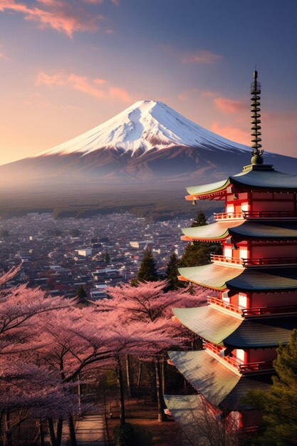 Photo illustration japan temple or chureito pagoda and fuji mountains in the backround generative ai