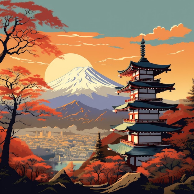 Illustration japan temple or Chureito pagoda and fuji mountains in the backround Generative ai