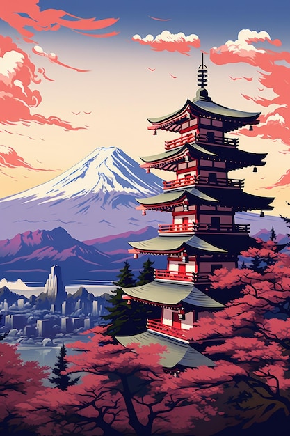 Иллюстрация японского храма или пагоды Chureito и горы Фудзи на заднем плане Generative ai