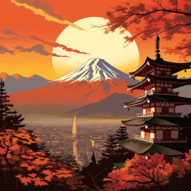 日本の寺院 (クレイト・パゴダ) と富士山 (フジ山) が背景に描かれています.