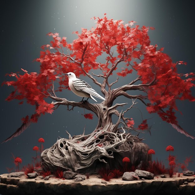 illustration of Japanese fairytale red maple tree growing out of