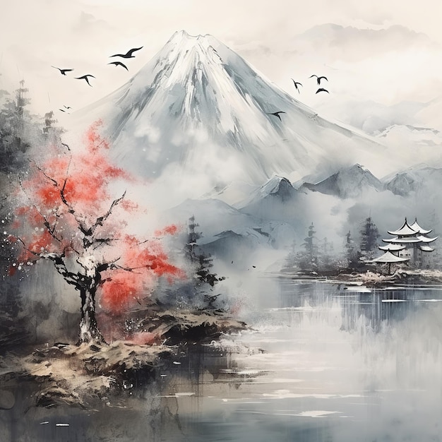日本のおとぎ話の赤いカエデの木の成長のイラスト