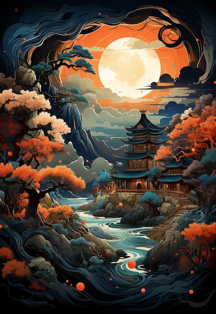 Illustration of a japanese landscape with a pagoda and a river generative ai