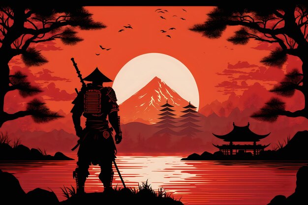 Illustration of Japanese samurai watch sunset with mountain and a lake background red white and black artistic art good for Tshirt poster canvas mug cover and other