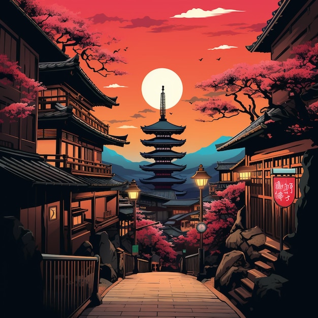 illustration of a japanese village with a pagoda in the background generative ai