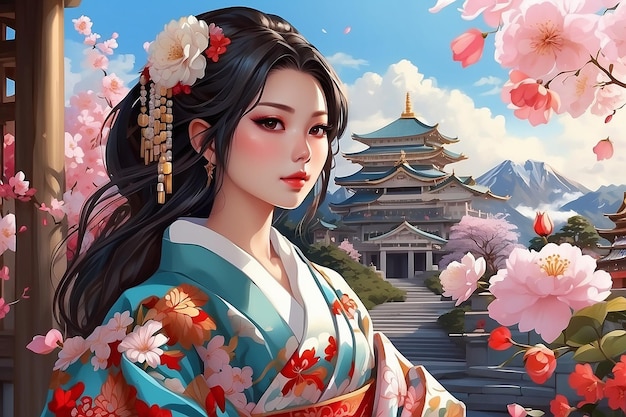 illustration of japanese woman wearing kimono
