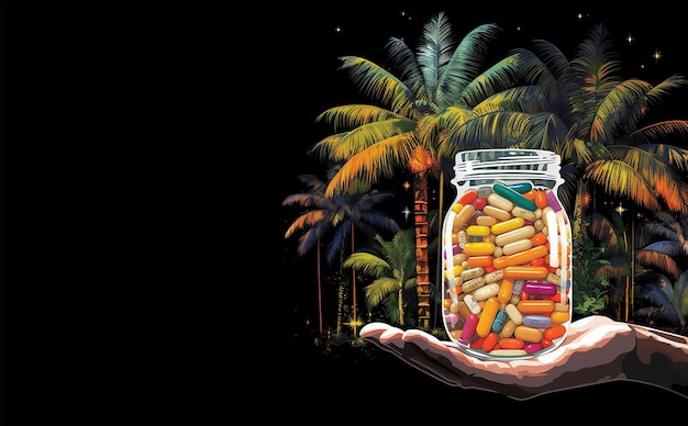 Illustration of a jar full of pills on palm trees background Natural natural preparations