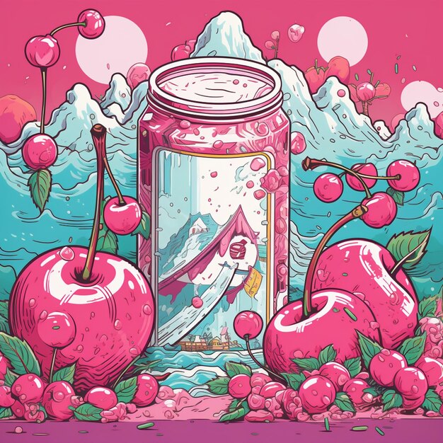Illustration of a jar of liquid with cherries and a mountain in the background generative ai