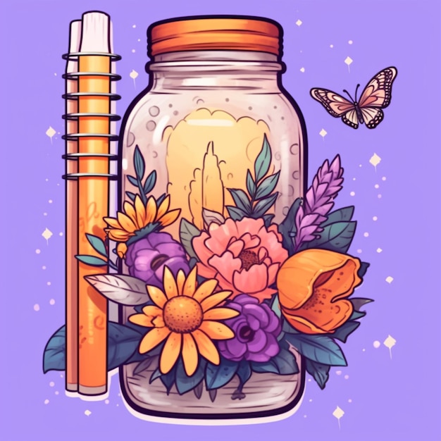 Illustration of a jar with a candle and flowers and a pencil generative ai