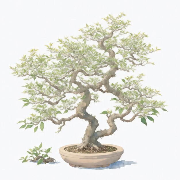 Illustration of jasmine bonsai in the style of watercolor on a white background