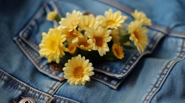 Illustration of jeans with flowers sticking out of the pockets