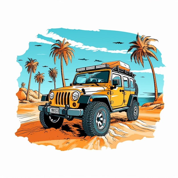 Illustration of a jeep driving on a beach with palm trees generative ai