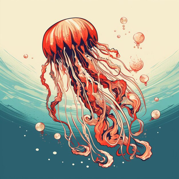 Illustration of a jellyfish in the water in retro style