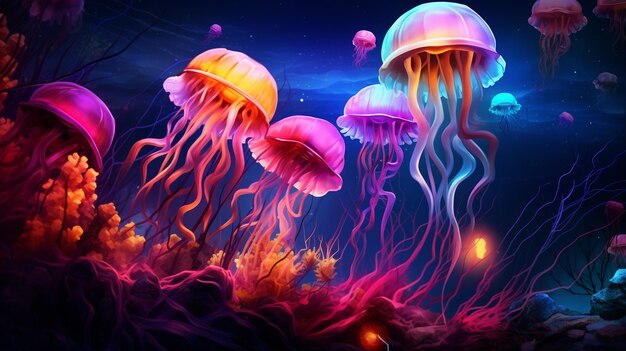 Illustration of jellyfishes in the deep forest at night