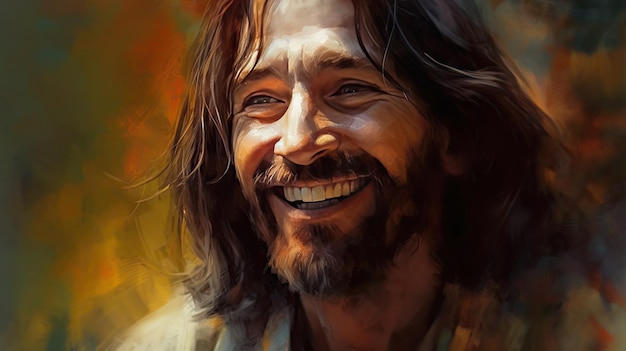 Illustration of Jesus Christ smiling happily with a bright expression Generative AI