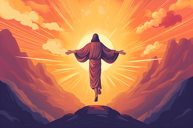 an illustration of Jesus lifted up in the air facing a sunrise