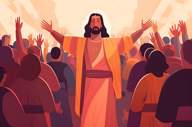 An illustration of jesus standing in a crowd with his arms outstretched