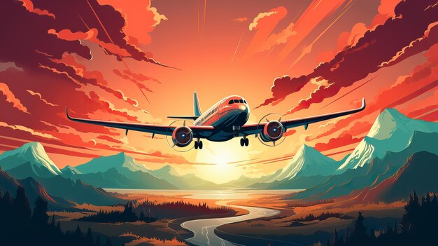 Photo illustration of jet flying with mountains and river