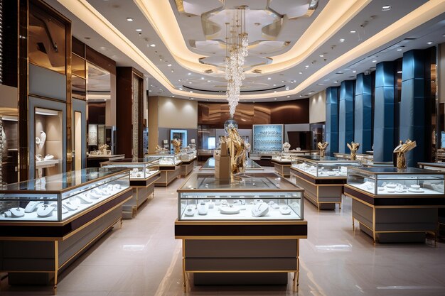 Foto illustration of jewelry store with many womens and mens jewelry generative ai