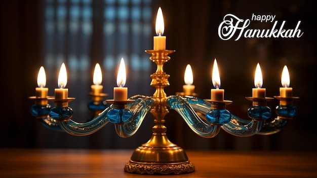 An illustration of Jewish holiday Hanukkah background with crystal menorah and oil candles