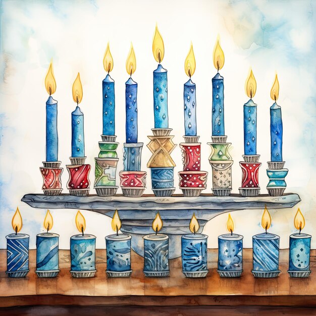 Illustration of the Jewish holiday Hanukkah with menorah traditional candelabra Watercolor