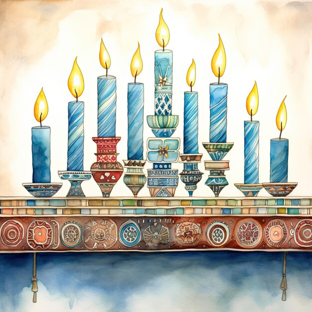 Illustration of the Jewish holiday Hanukkah with menorah traditional candelabra Watercolor