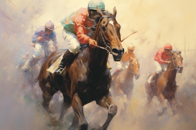 Illustration of a jockey on a horse in front of all during horse racing