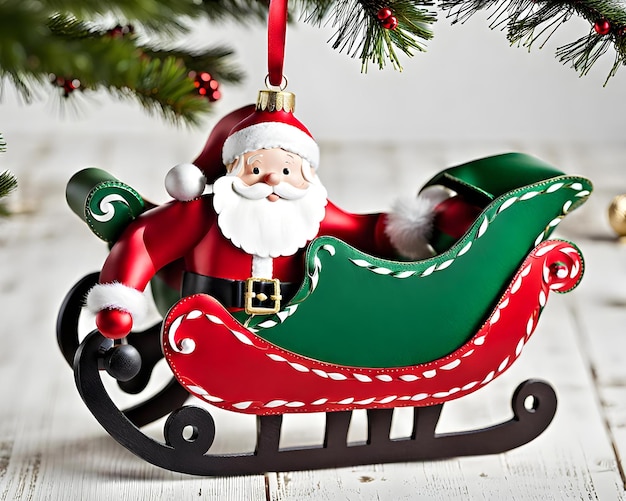 일러스트레이션 유쾌한 크리스마스 산타클로스와 고전적인 빨간색을 특징으로 하는 빈티지 썰매 트리 장식