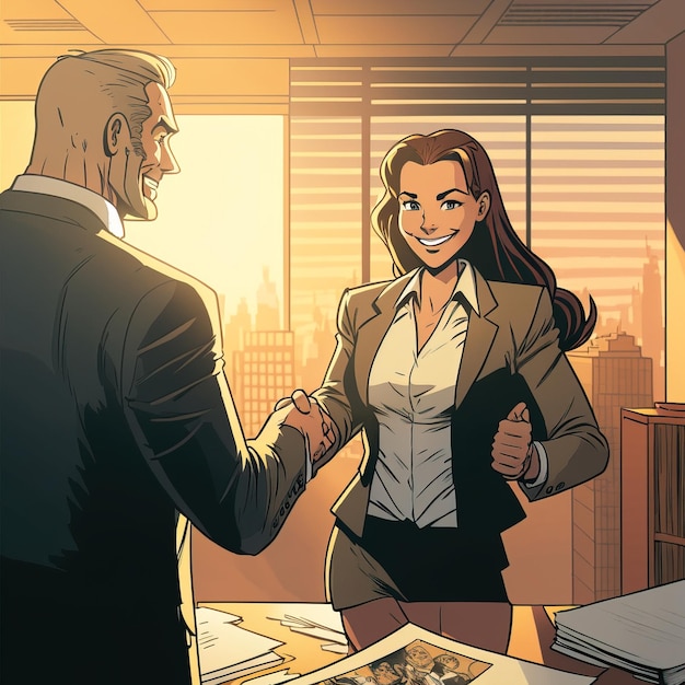 illustration of A joyful business woman works in an office A young and enterprising employee
