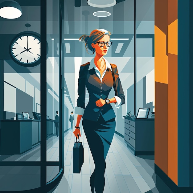 illustration of A joyful business woman works in an office A young and enterprising employee