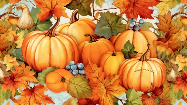 Illustration of a joyful thanksgiving day featuring a turkey pumpkins leaves and various other eleme