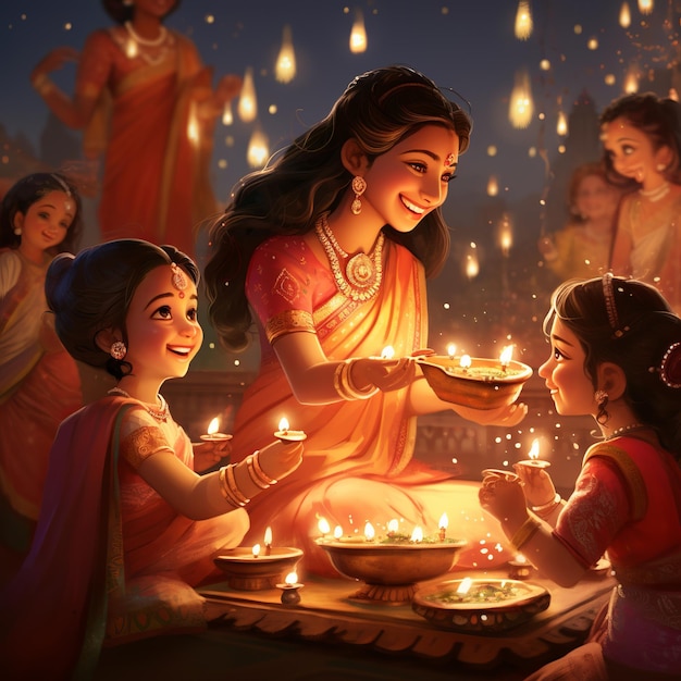 illustration of Joyous representations of Diwali celebrations