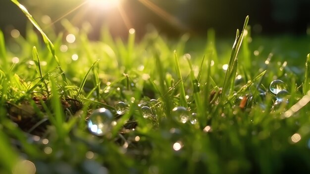 緑の草と水の滴のイラスト マクロボケ日光AI